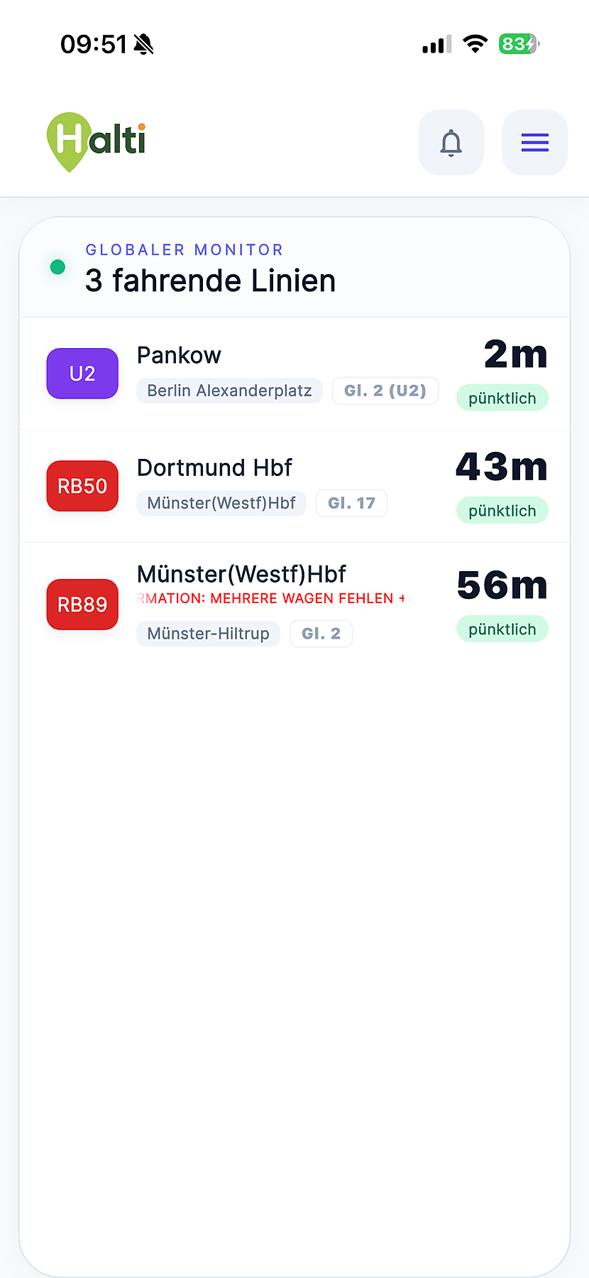 Screenshot der HALTI App mit Live-Abfahrten